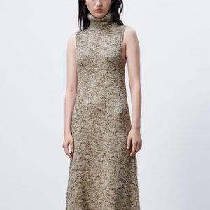 ZARA  High Collar Knit Dress(Ecru+Brown, US M/EUR M)